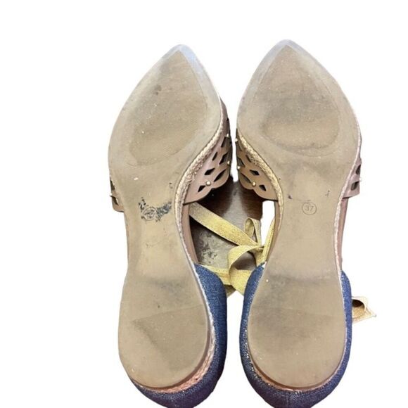 Gabriela Ephrem Leather Denim Flats Gold Lace Ankle Ribbon Size EU 37 (US 6.5) - Picture 9 of 10